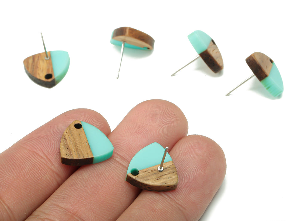 Natural Wooden Shield Earring Stud - Walnut Wood Aqua Resin Earring Post - 316 Stainless Steel Stud - 14.1x13.1x3.6mm - BB1263R - DOMEDBAZAAR