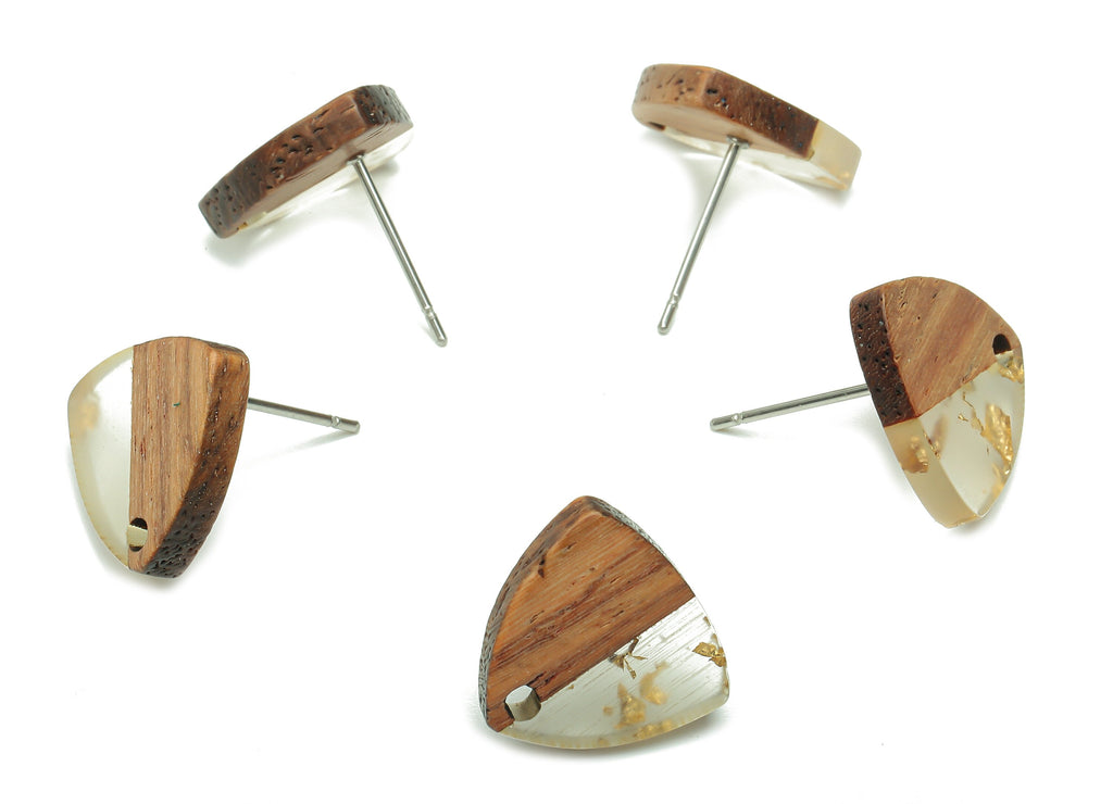 Natural Wooden Shield Earring Stud - Walnut Wood Gold Foil Clear Resin Earring Post - 316 Stainless Steel Stud - 14.1x13.1x3.6mm - BB1263S - DOMEDBAZAAR