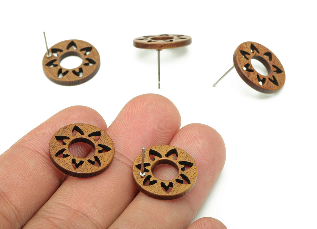 Natural Wooden Round Earring Stud - Walnut Wood Flower Brown Circle Earring Post - Stainless Steel Stud - 17.7x17.7x2.7mm - BB1264 - DOMEDBAZAAR