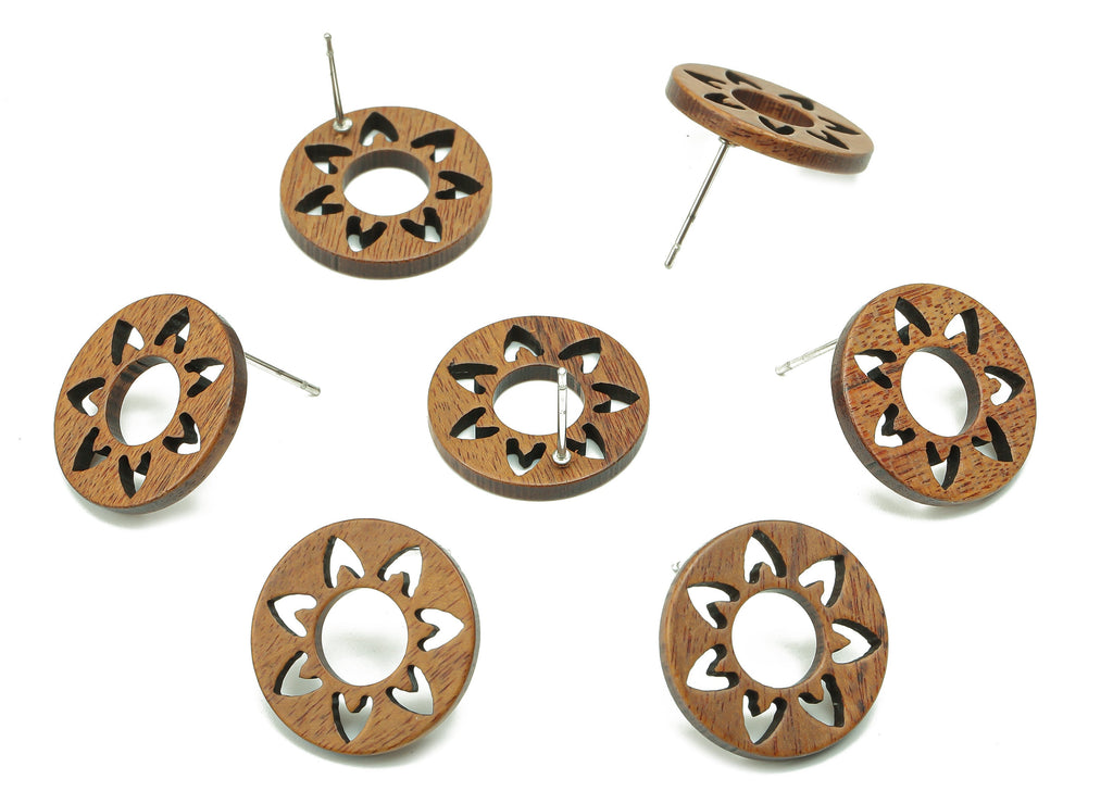 Natural Wooden Round Earring Stud - Walnut Wood Flower Brown Circle Earring Post - Stainless Steel Stud - 17.7x17.7x2.7mm - BB1264 - DOMEDBAZAAR
