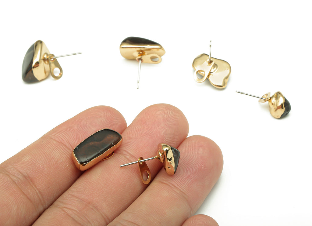 Smoky Quartz Earring Stud - Natural Stone Earring Post - Gold Tone Plated Brass - Quartz Earring - 15.73x8.51x6.08mm - NS1866B - DOMEDBAZAAR