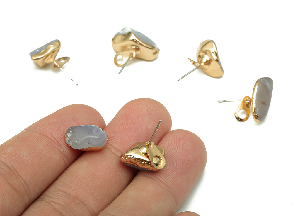 Gold Agate Earring Stud - Blue Lace Agate Crystal Earring - Natural Stone Earring Post - Gold Tone Plated Brass - 13.9x9.9x9.4mm - NS1866C - DOMEDBAZAAR