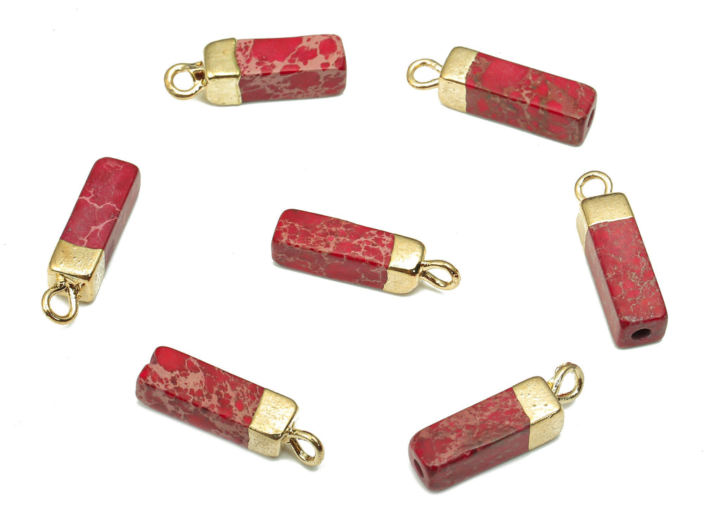 Imperial Pine Earring Charms - Iron Red Rectangle Pendant - Natural Stone Earring - Gold Tone Plated Brass - 16.98x4.57x4.57mm - NS1867B - DOMEDBAZAAR