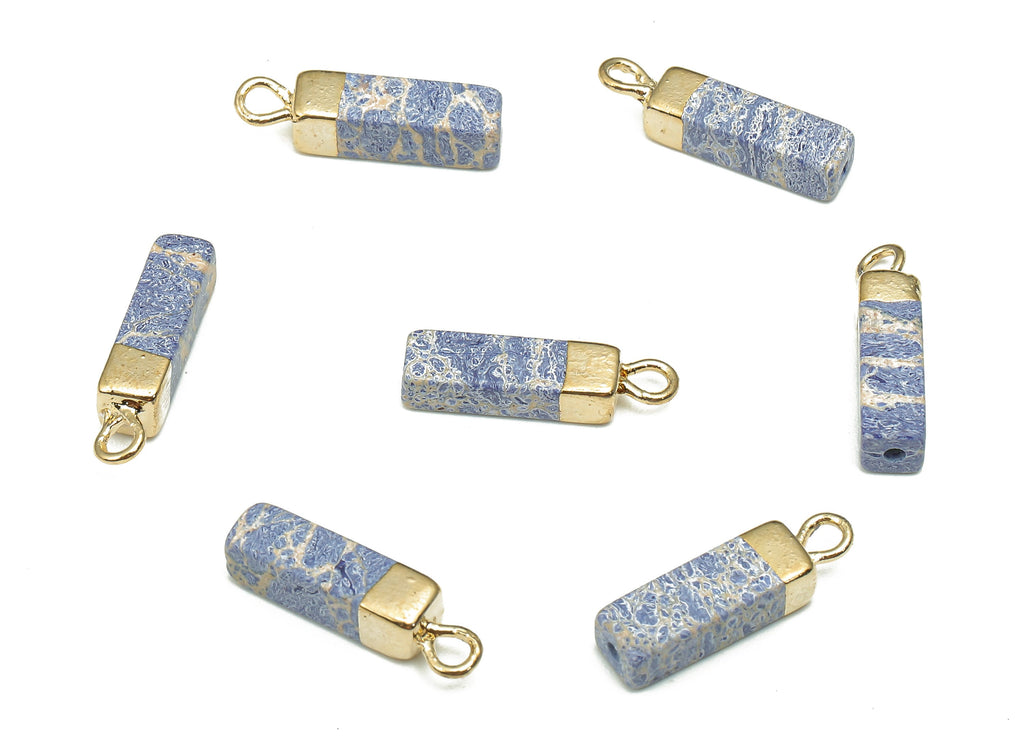 Blue Turquoise Earring Charms - Iron Blue Rectangle Pendant - Natural Stone Earring - Gold Tone Plated Brass - 16.98x4.57x4.57mm - NS1867C - DOMEDBAZAAR