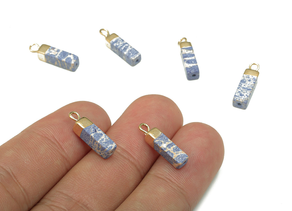 Blue Turquoise Earring Charms - Iron Blue Rectangle Pendant - Natural Stone Earring - Gold Tone Plated Brass - 16.98x4.57x4.57mm - NS1867C - DOMEDBAZAAR