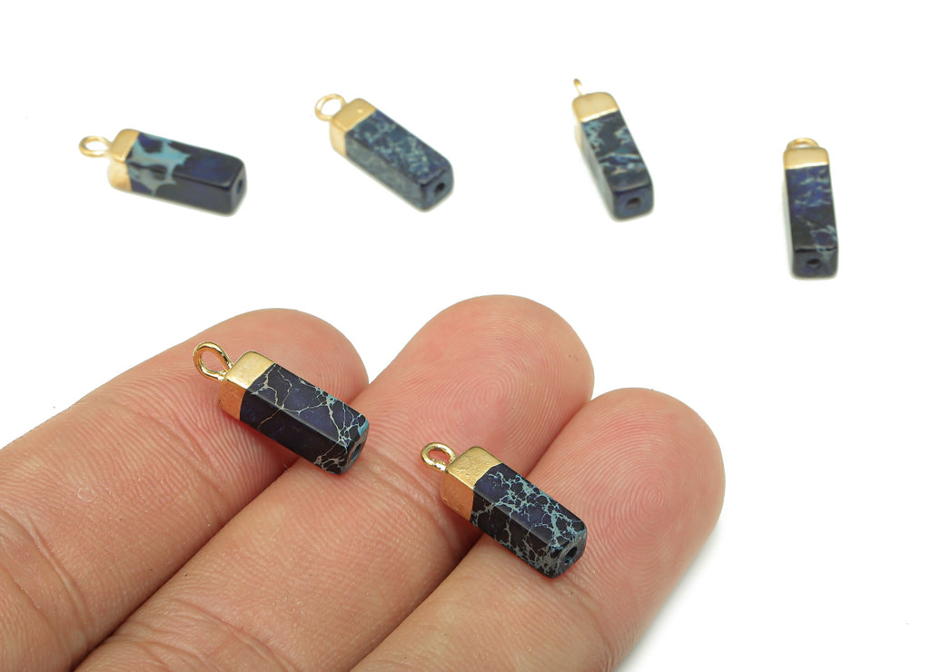 Imperial Pine Earring Charms - Iron Drak Blue Rectangle Pendant - Natural Stone Earring - Gold Tone Plated Brass - 16.98x4.6x4.6mm - NS1867F - DOMEDBAZAAR