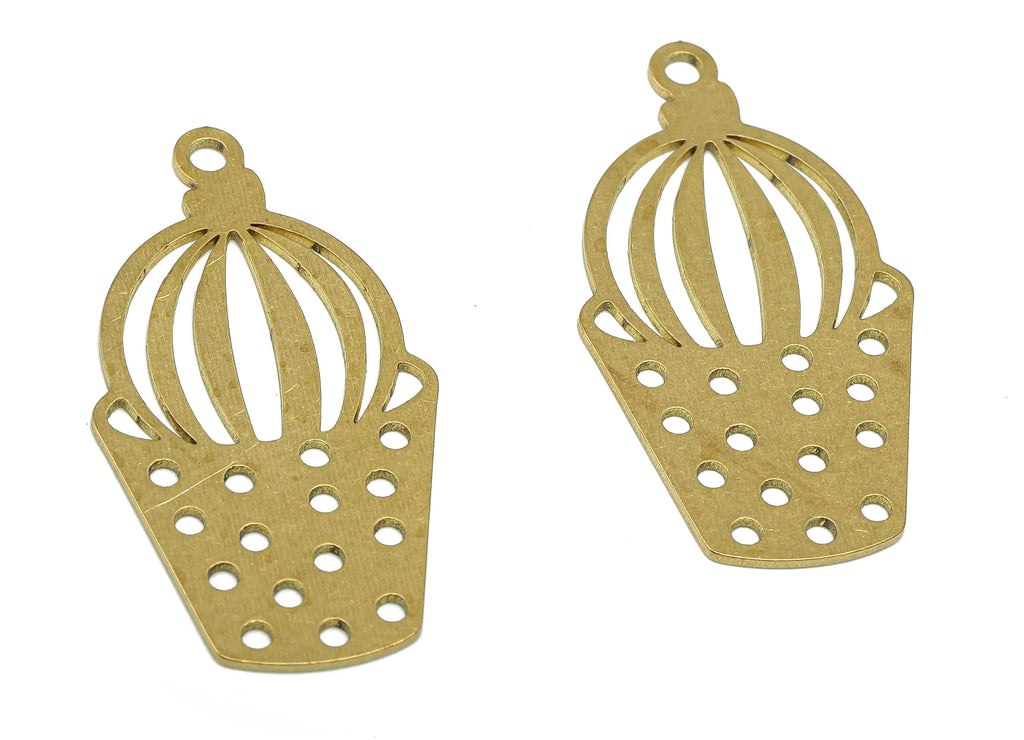 Brass Cactus Earring Charms - Raw Brass Cutout Earring - Cactus Flower Pot Charm - Flower Pendant With Loop - 34.97x18.83x0.66mm - PPA5500 - DOMEDBAZAAR