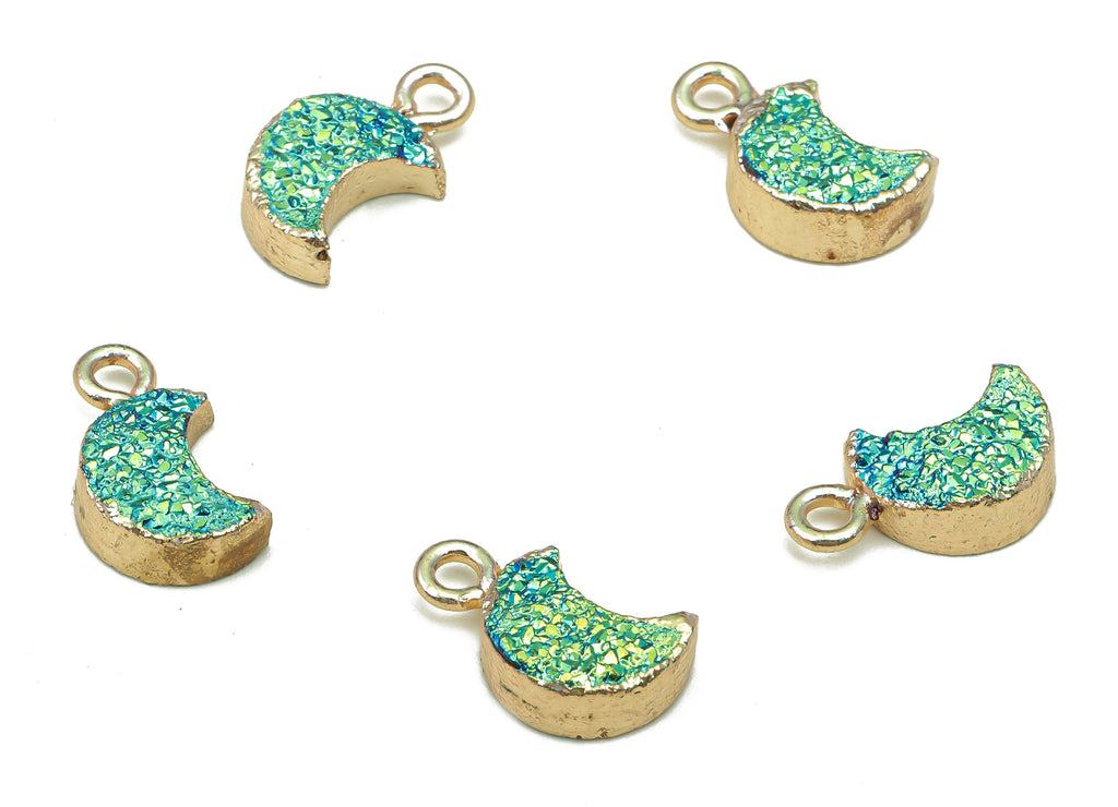 Druzy Crescent Earring Charms - Brass Blue Green Resin Earrings - Moon Pendant With Loop - Gold Tone Plating - 14.02x8.13x3.88mm - RC1213A - DOMEDBAZAAR