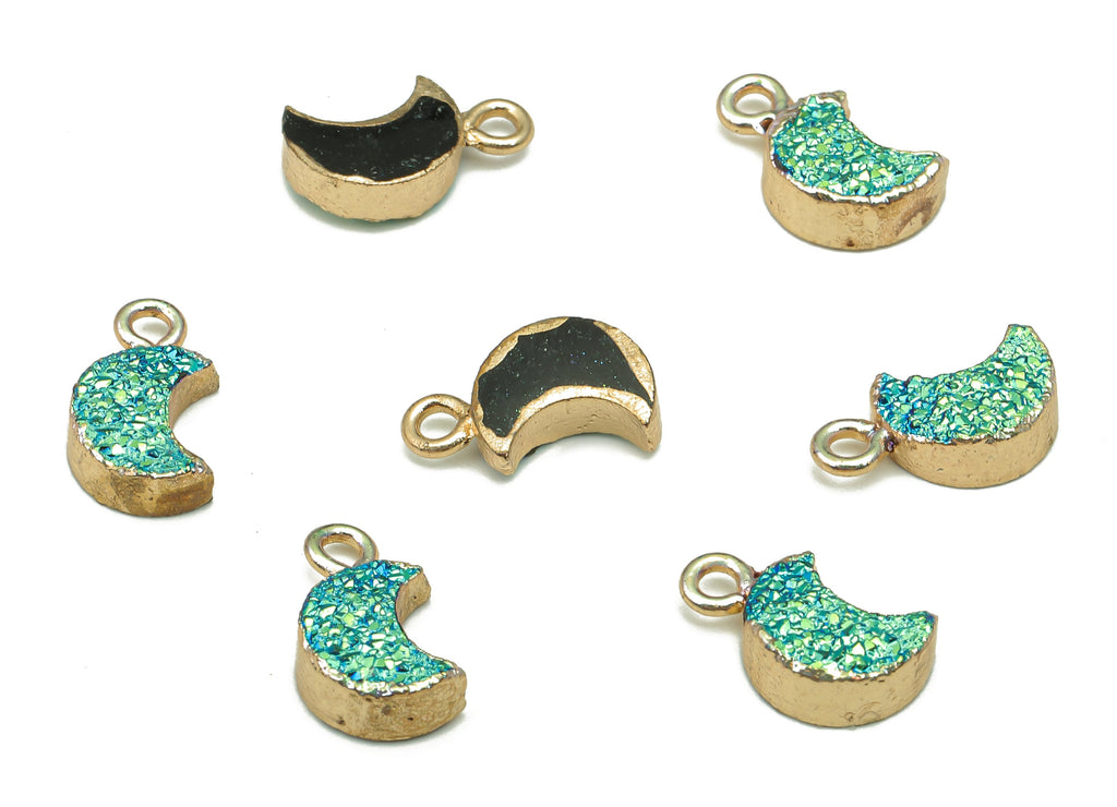 Druzy Crescent Earring Charms - Brass Blue Green Resin Earrings - Moon Pendant With Loop - Gold Tone Plating - 14.02x8.13x3.88mm - RC1213A - DOMEDBAZAAR