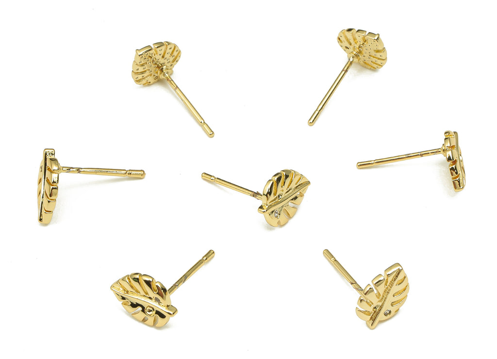 Brass Leaf Earring Post - Gold Leaf Monstera Earring Stud - Stainless Steel Stud - 18K Real Gold Plating - 9.52x7.46x1.16mm - RGP5237 - DOMEDBAZAAR