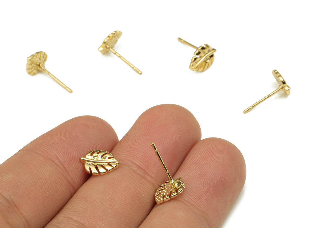 Brass Leaf Earring Post - Gold Leaf Monstera Earring Stud - Stainless Steel Stud - 18K Real Gold Plating - 9.52x7.46x1.16mm - RGP5237 - DOMEDBAZAAR
