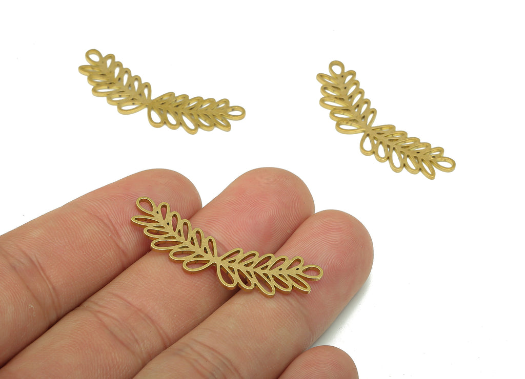 Brass Leaf Branch Earring Connector - Raw Brass Cutout Earring - Leaves Branch Pendant With Loop - Botanical Charm -37.6x10.6x0.8mm -PPA5113 - DOMEDBAZAAR