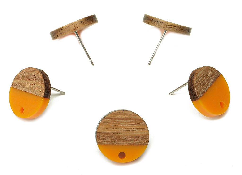 Natural Wooden Round Earring Stud - Walnut Wood Orange Resin Circle Earring Post - 316 Stainless Steel Stud - 15.05x15.05x3.11mm - BB1250D - DOMEDBAZAAR