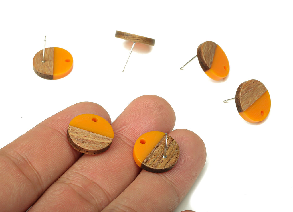 Natural Wooden Round Earring Stud - Walnut Wood Orange Resin Circle Earring Post - 316 Stainless Steel Stud - 15.05x15.05x3.11mm - BB1250D - DOMEDBAZAAR