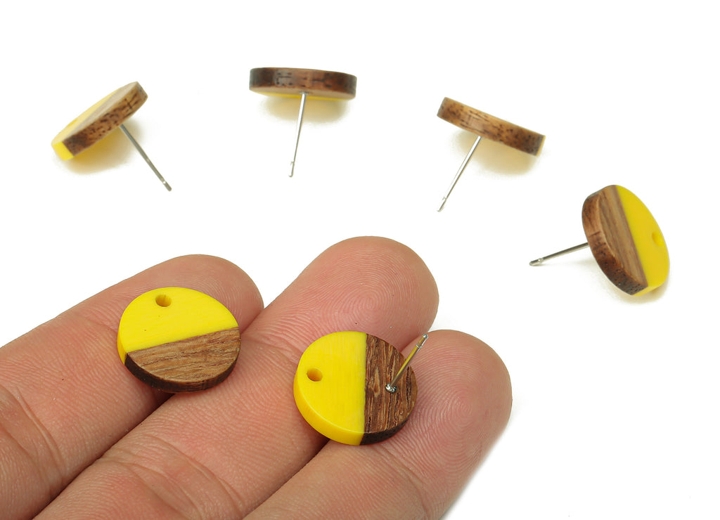 Natural Wooden Round Earring Stud - Walnut Wood Yellow Resin Circle Earring Post - 316 Stainless Steel Stud - 15.05x15.05x3.11mm - BB1250E - DOMEDBAZAAR