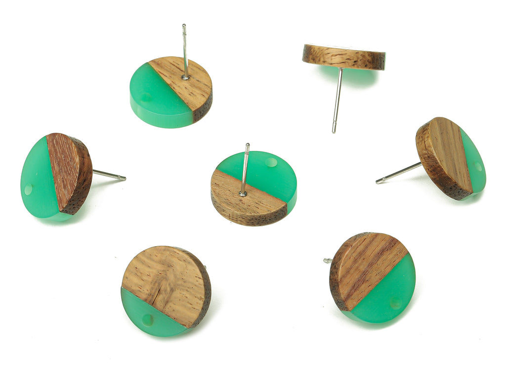 Natural Wooden Round Earring Stud - Walnut Wood Green Resin Circle Earring Post - 316 Stainless Steel Stud - 15.05x15.05x3.11mm - BB1250G - DOMEDBAZAAR