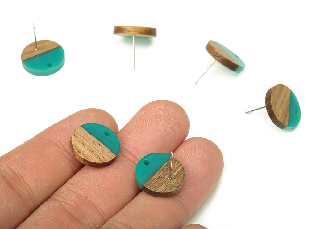 Natural Wooden Round Earring Stud - Walnut Wood Green Resin Circle Earring Post - 316 Stainless Steel Stud - 15.05x15.05x3.11mm - BB1250H - DOMEDBAZAAR