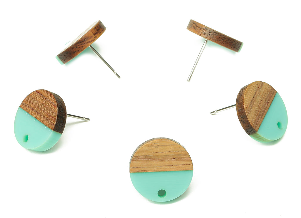 Natural Wooden Round Earring Stud - Walnut Wood Aqua  Resin Circle Earring Post - 316 Stainless Steel Stud - 15.05x15.05x3.11mm - BB1250J - DOMEDBAZAAR