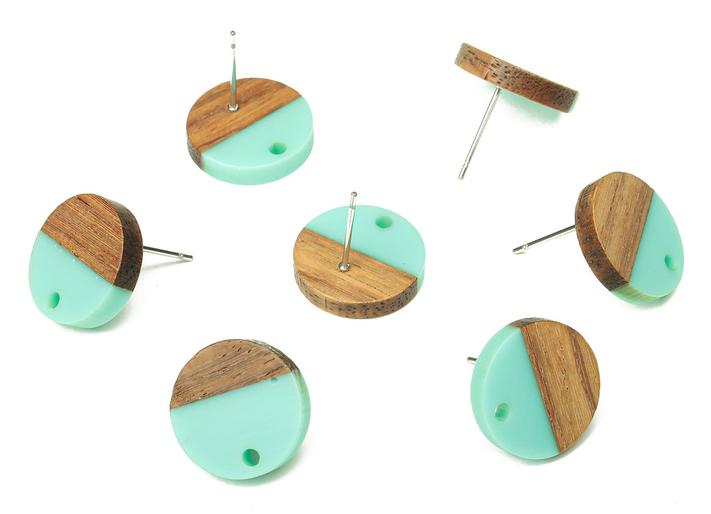 Natural Wooden Round Earring Stud - Walnut Wood Aqua  Resin Circle Earring Post - 316 Stainless Steel Stud - 15.05x15.05x3.11mm - BB1250J - DOMEDBAZAAR