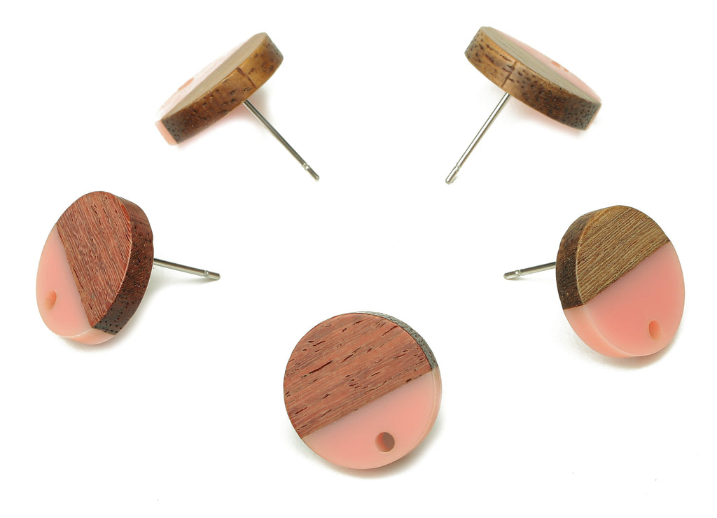 Natural Wooden Round Earring Stud - Walnut Wood Pink Resin Circle Earring Post - 316 Stainless Steel Stud - 15.05x15.05x3.11mm - BB1250L - DOMEDBAZAAR