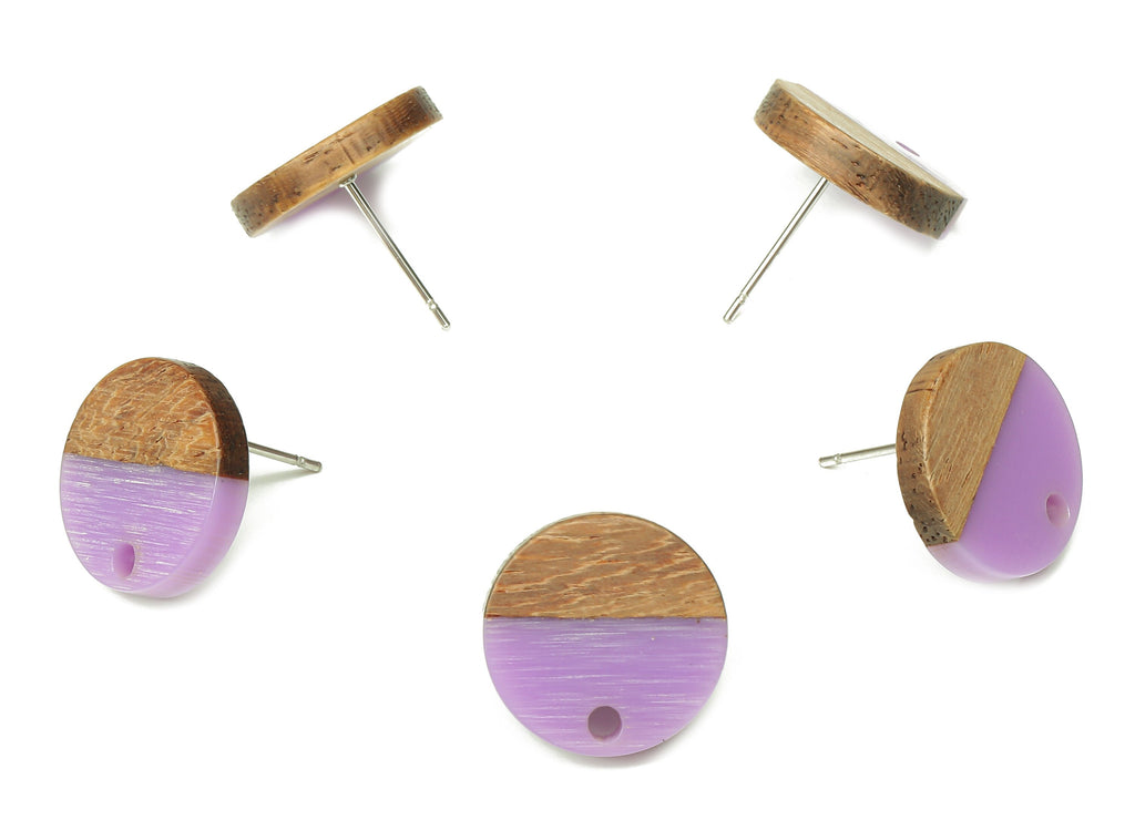 Natural Wooden Round Earring Stud - Walnut Wood Purple Resin Circle Earring Post - 316 Stainless Steel Stud - 15.05x15.05x3.11mm - BB1250N - DOMEDBAZAAR