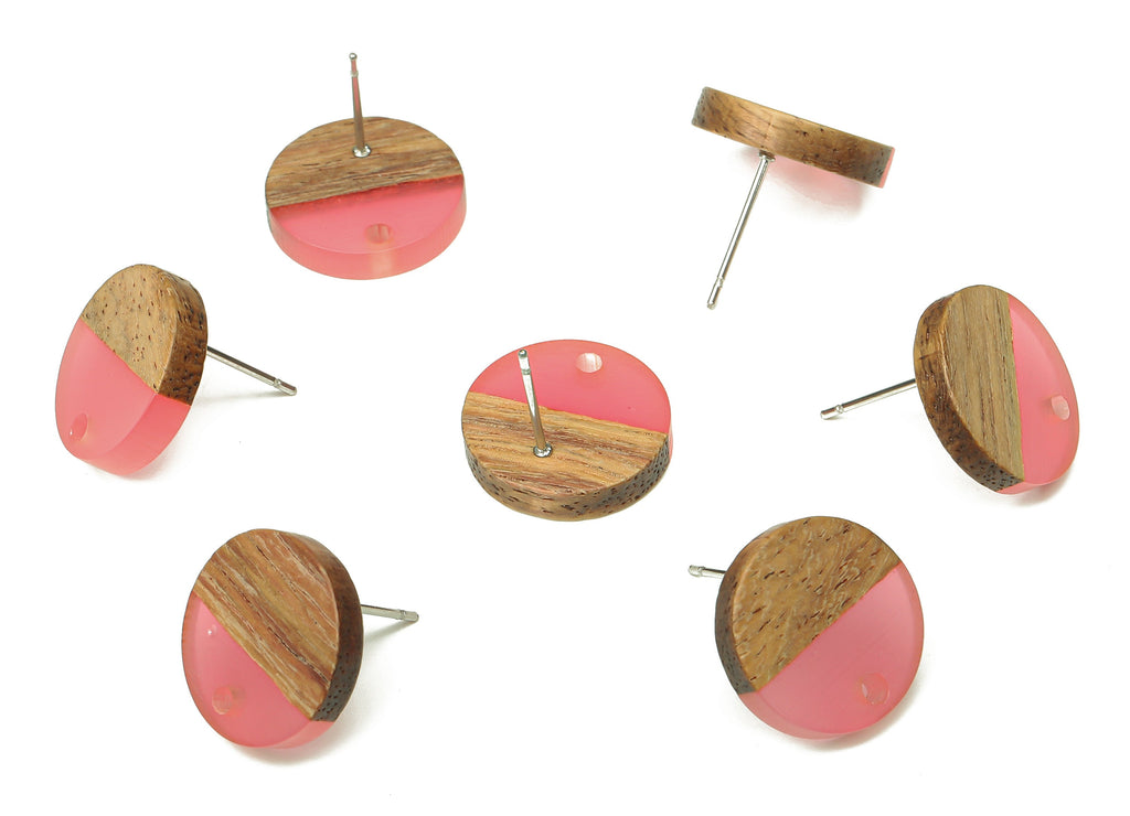 Natural Wooden Round Earring Stud - Walnut Wood Red Resin Circle Earring Post - 316 Stainless Steel Stud - 15.05x15.05x3.11mm - BB1250P - DOMEDBAZAAR