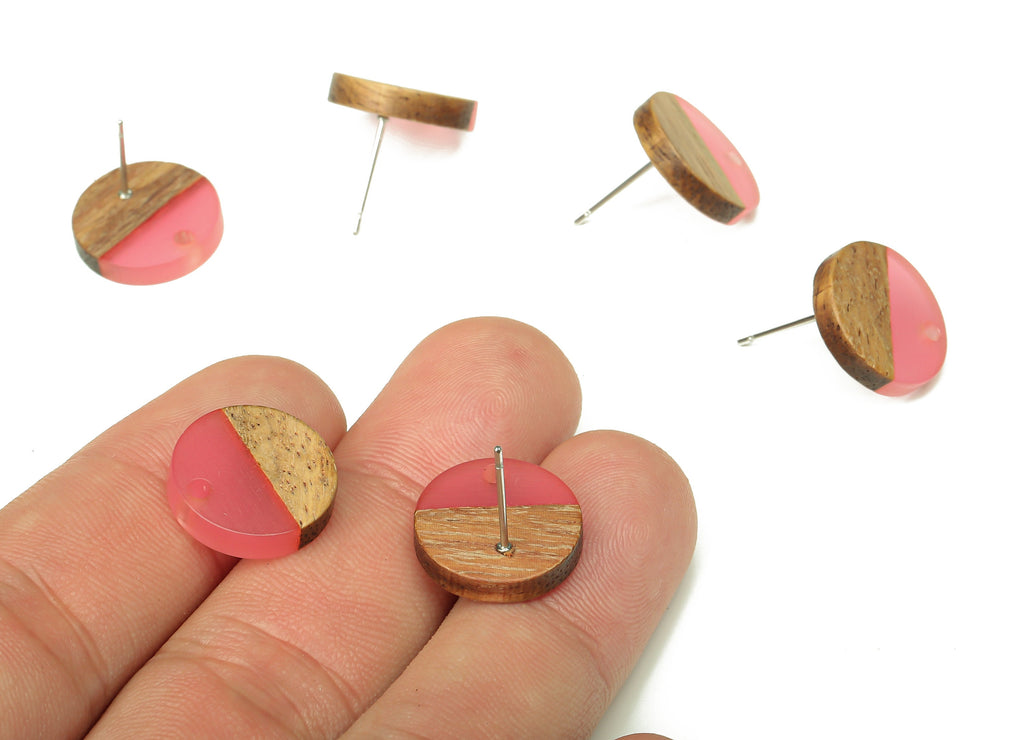 Natural Wooden Round Earring Stud - Walnut Wood Red Resin Circle Earring Post - 316 Stainless Steel Stud - 15.05x15.05x3.11mm - BB1250P - DOMEDBAZAAR