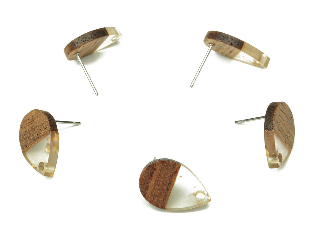 Natural Wooden Drop Earring Stud - Walnut Wood Gold Foil Clear Resin Teardrop Post - 316 Stainless Steel Stud - 16.7x11.06x3.21mm - BB1251E - DOMEDBAZAAR