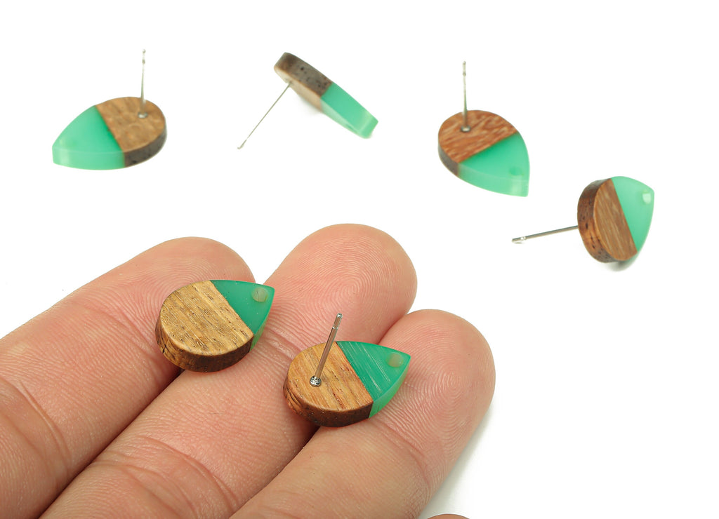 Natural Wooden Drop Earring Stud - Walnut Wood Green Resin Teardrop Earring Post - 316 Stainless Steel Stud - 16.7x11.06x3.21mm - BB1251C - DOMEDBAZAAR