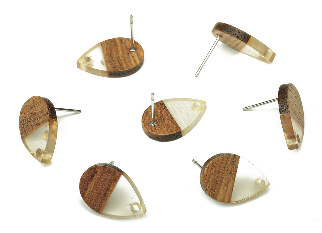 Natural Wooden Drop Earring Stud - Walnut Wood Gold Foil Clear Resin Teardrop Post - 316 Stainless Steel Stud - 16.7x11.06x3.21mm - BB1251E - DOMEDBAZAAR