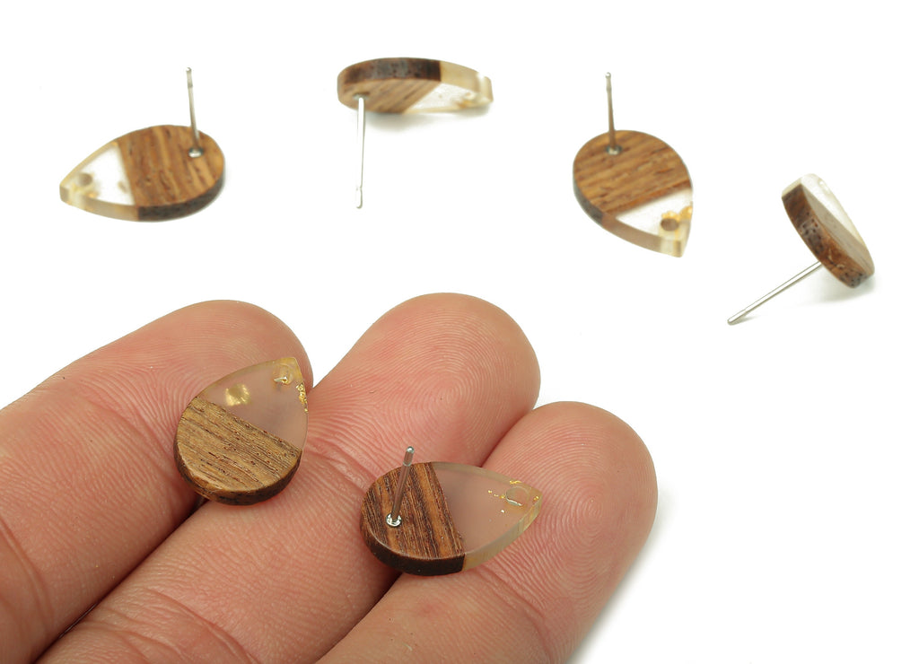Natural Wooden Drop Earring Stud - Walnut Wood Gold Foil Clear Resin Teardrop Post - 316 Stainless Steel Stud - 16.7x11.06x3.21mm - BB1251E - DOMEDBAZAAR
