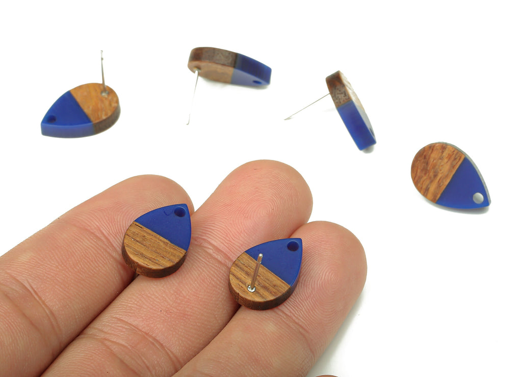 Natural Wooden Drop Earring Stud - Walnut Wood Dark Blue Resin Teardrop Post - 316 Stainless Steel Stud - 16.7x11.06x3.21mm - BB1251P - DOMEDBAZAAR