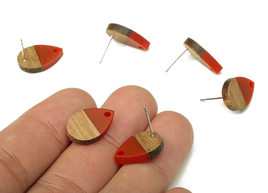 Natural Wooden Drop Earring Stud - Walnut Wood Red Resin Teardrop Earring Post - 316 Stainless Steel Stud - 16.7x11.06x3.21mm - BB1251R - DOMEDBAZAAR