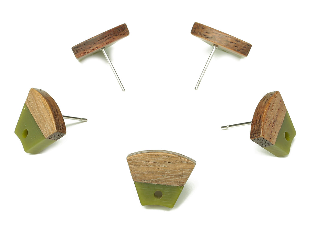 Natural Wooden Trapezoid Earring Stud - Walnut Wood Green Resin Fan Earring Post - 316 Stainless Steel Stud - 15.32x12.32x3.26mm - BB1252A - DOMEDBAZAAR