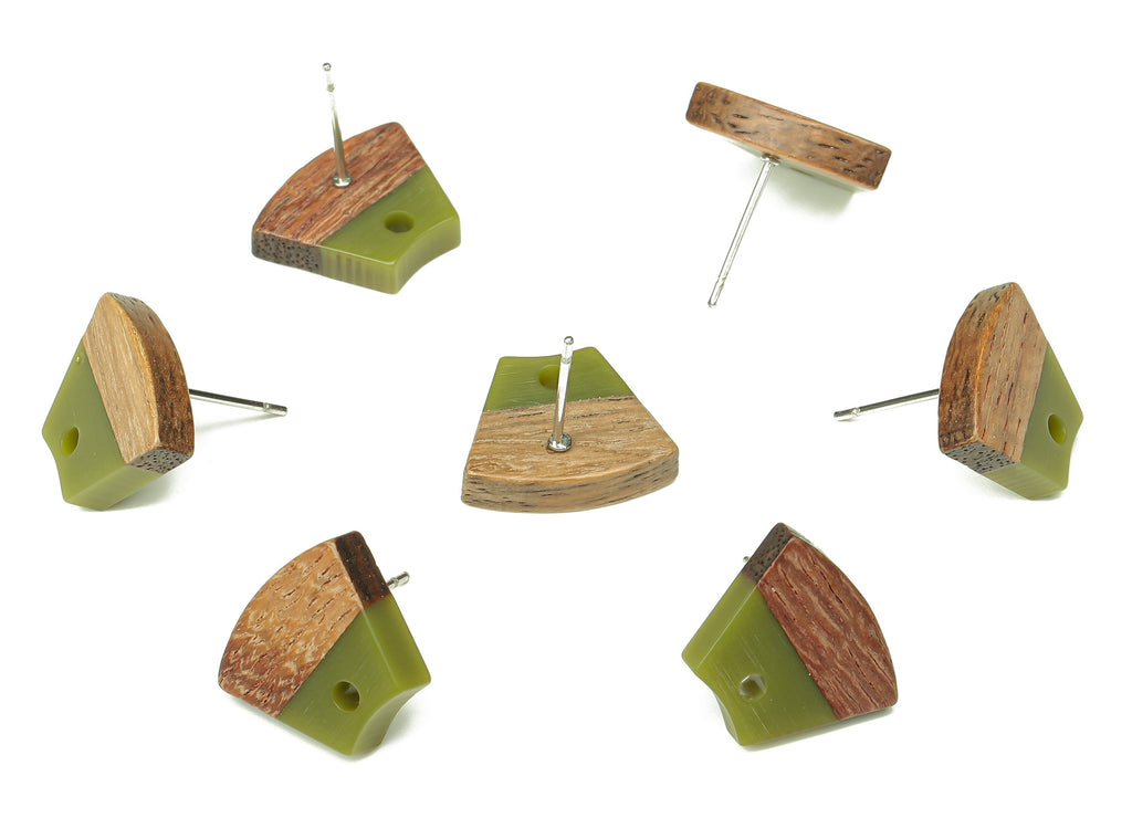 Natural Wooden Trapezoid Earring Stud - Walnut Wood Green Resin Fan Earring Post - 316 Stainless Steel Stud - 15.32x12.32x3.26mm - BB1252A - DOMEDBAZAAR