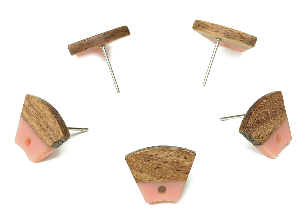 Natural Wooden Trapezoid Earring Stud - Walnut Wood Pink Resin Fan Earring Post - 316 Stainless Steel Stud - 15.32x12.32x3.26mm - BB1252B - DOMEDBAZAAR