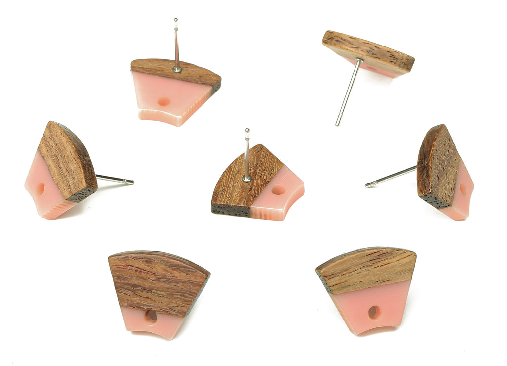 Natural Wooden Trapezoid Earring Stud - Walnut Wood Pink Resin Fan Earring Post - 316 Stainless Steel Stud - 15.32x12.32x3.26mm - BB1252B - DOMEDBAZAAR