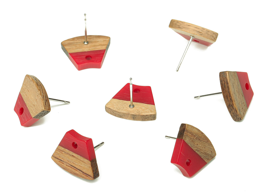 Natural Wooden Trapezoid Earring Stud - Walnut Wood Red Resin Fan Earring Post - 316 Stainless Steel Stud - 15.32x12.32x3.26mm - BB1252C - DOMEDBAZAAR
