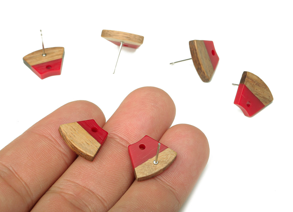Natural Wooden Trapezoid Earring Stud - Walnut Wood Red Resin Fan Earring Post - 316 Stainless Steel Stud - 15.32x12.32x3.26mm - BB1252C - DOMEDBAZAAR