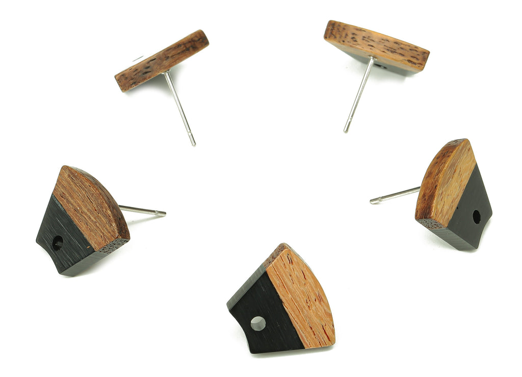 Natural Wooden Trapezoid Earring Stud - Walnut Wood Black Resin Fan Earring Post - 316 Stainless Steel Stud - 15.32x12.32x3.26mm - BB1252D - DOMEDBAZAAR