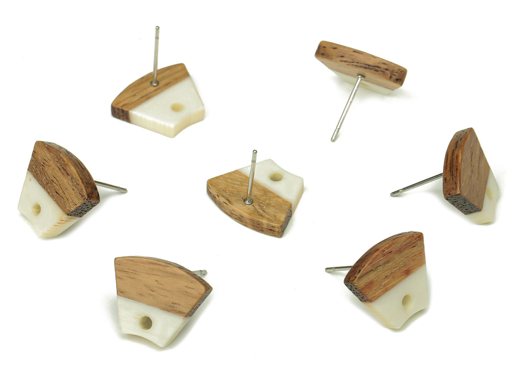 Natural Wooden Trapezoid Earring Stud - Walnut Wood White Resin Fan Earring Post - 316 Stainless Steel Stud - 15.32x12.32x3.26mm - BB1252E - DOMEDBAZAAR