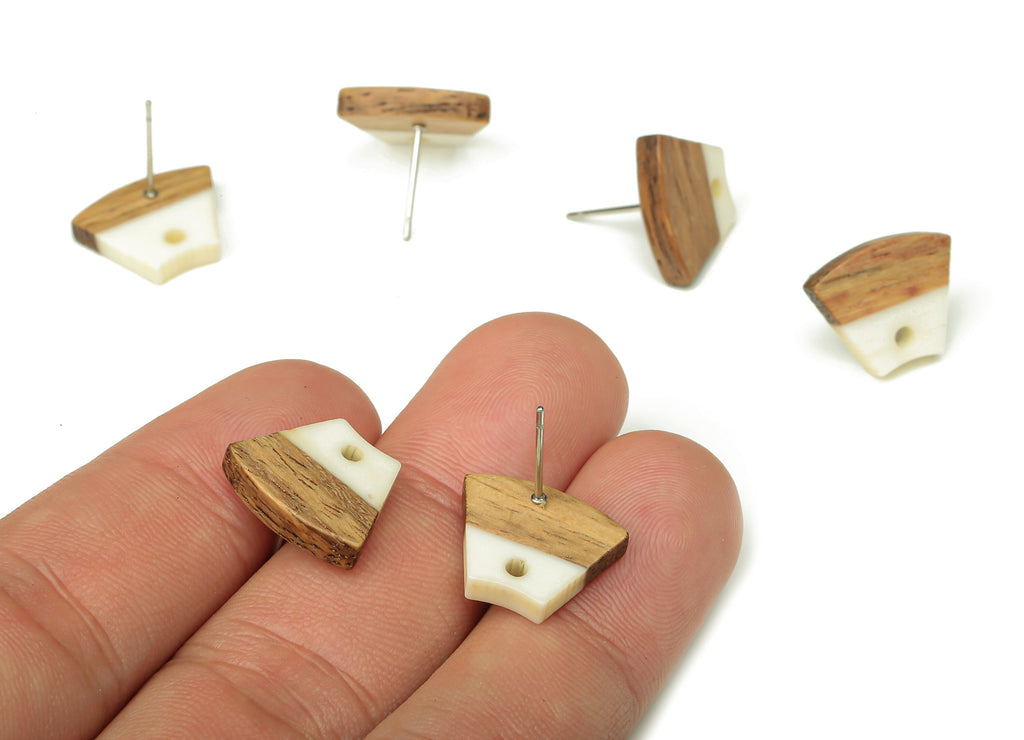 Natural Wooden Trapezoid Earring Stud - Walnut Wood White Resin Fan Earring Post - 316 Stainless Steel Stud - 15.32x12.32x3.26mm - BB1252E - DOMEDBAZAAR