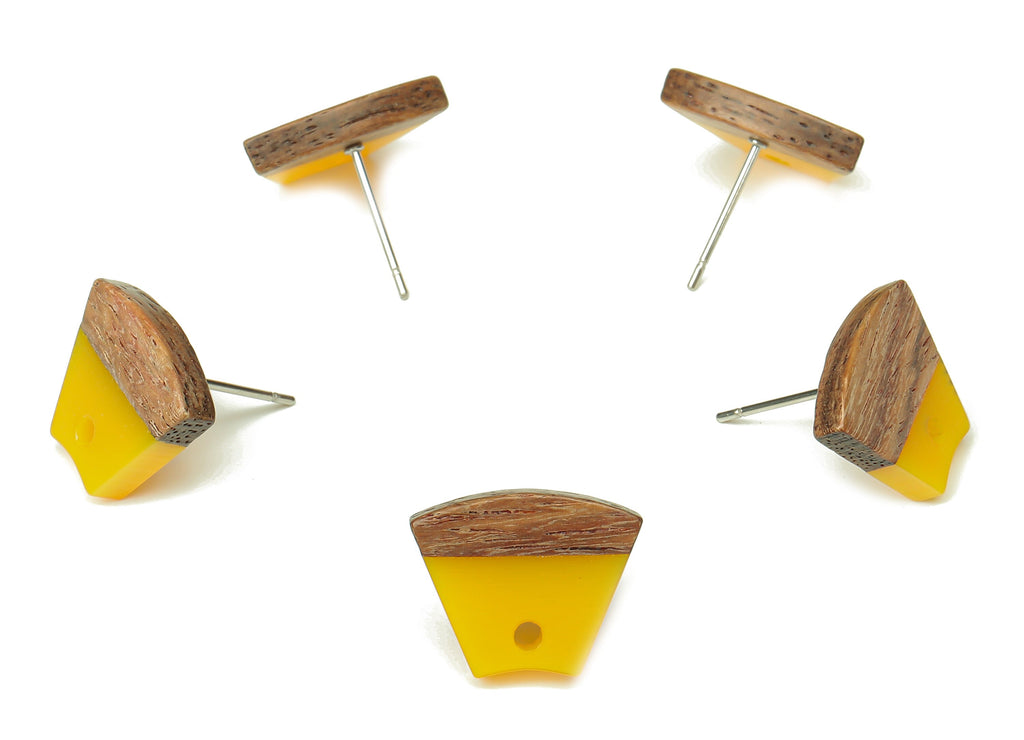 Natural Wooden Trapezoid Earring Stud - Walnut Wood Yellow Resin Fan Earring Post - 316 Stainless Steel Stud - 15.32x12.32x3.26mm - BB1252G - DOMEDBAZAAR