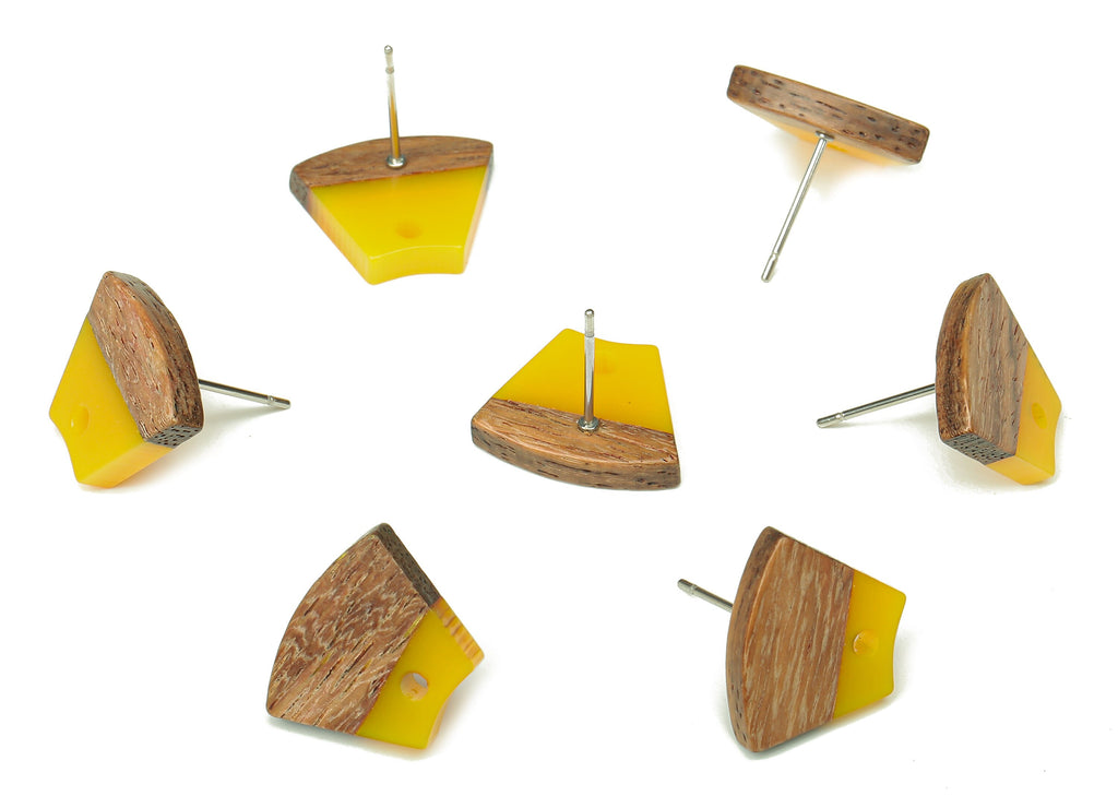 Natural Wooden Trapezoid Earring Stud - Walnut Wood Yellow Resin Fan Earring Post - 316 Stainless Steel Stud - 15.32x12.32x3.26mm - BB1252G - DOMEDBAZAAR