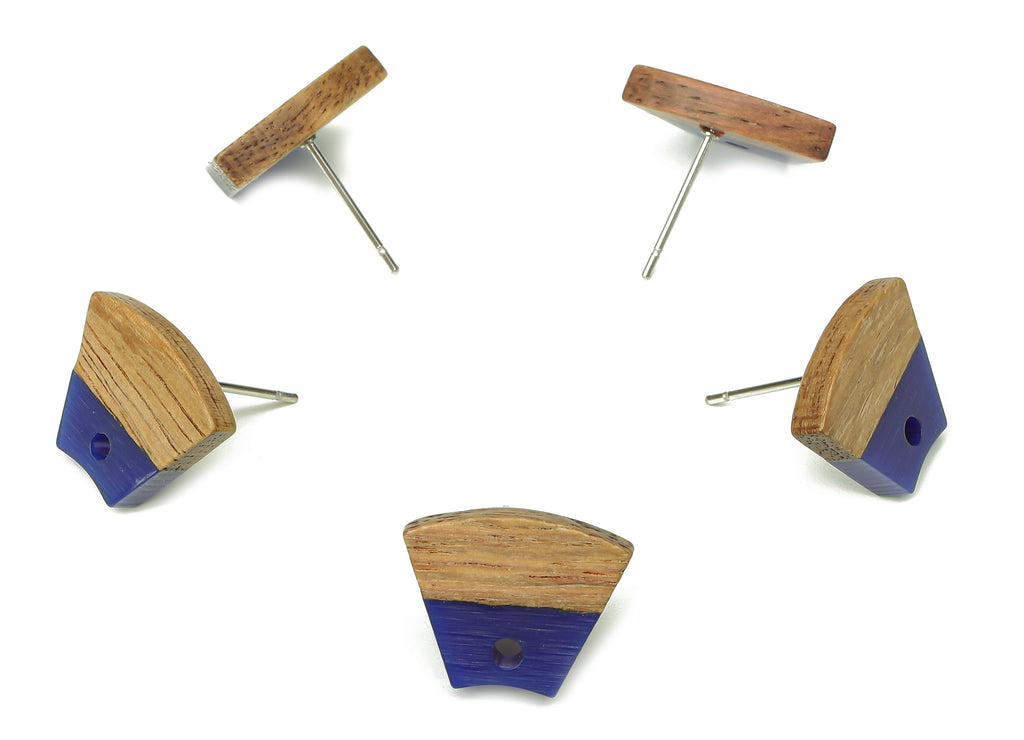 Natural Wooden Trapezoid Earring Stud - Walnut Wood Blue Resin Fan Earring Post - 316 Stainless Steel Stud - 15.32x12.32x3.26mm - BB1252H - DOMEDBAZAAR