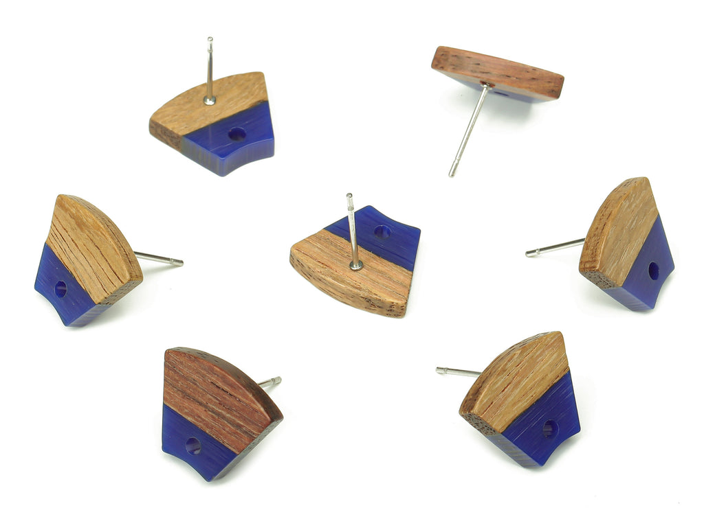 Natural Wooden Trapezoid Earring Stud - Walnut Wood Blue Resin Fan Earring Post - 316 Stainless Steel Stud - 15.32x12.32x3.26mm - BB1252H - DOMEDBAZAAR