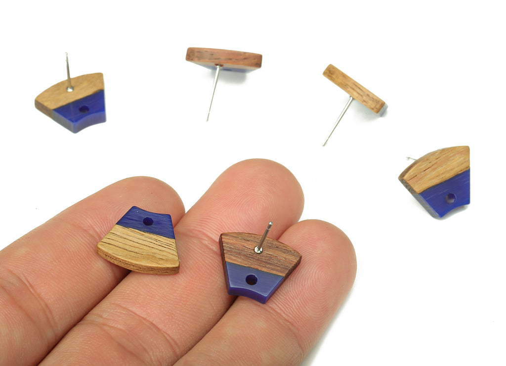 Natural Wooden Trapezoid Earring Stud - Walnut Wood Blue Resin Fan Earring Post - 316 Stainless Steel Stud - 15.32x12.32x3.26mm - BB1252H - DOMEDBAZAAR