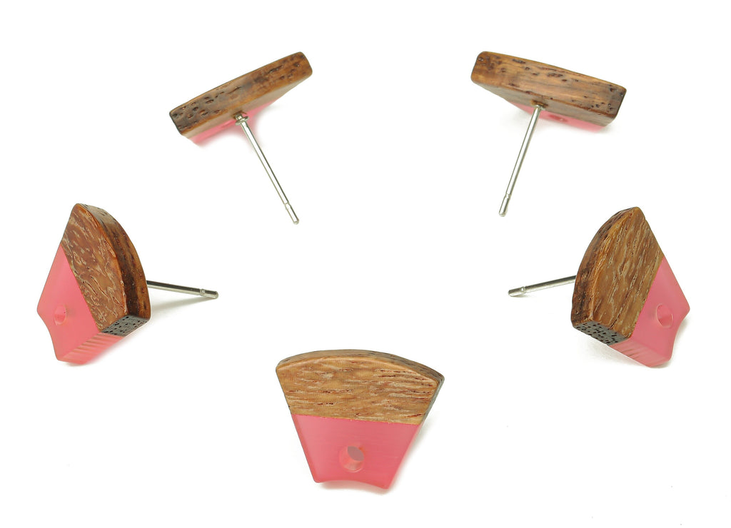 Natural Wooden Trapezoid Earring Stud - Walnut Wood Pink Resin Fan Earring Post - 316 Stainless Steel Stud - 15.32x12.32x3.26mm - BB1252K - DOMEDBAZAAR