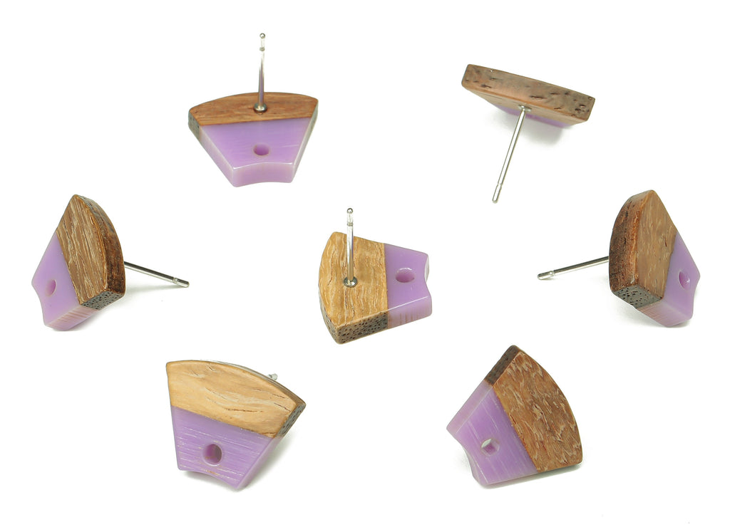 Natural Wooden Trapezoid Earring Stud - Walnut Wood Purple Resin Fan Earring Post - 316 Stainless Steel Stud - 15.32x12.32x3.26mm - BB1252L - DOMEDBAZAAR