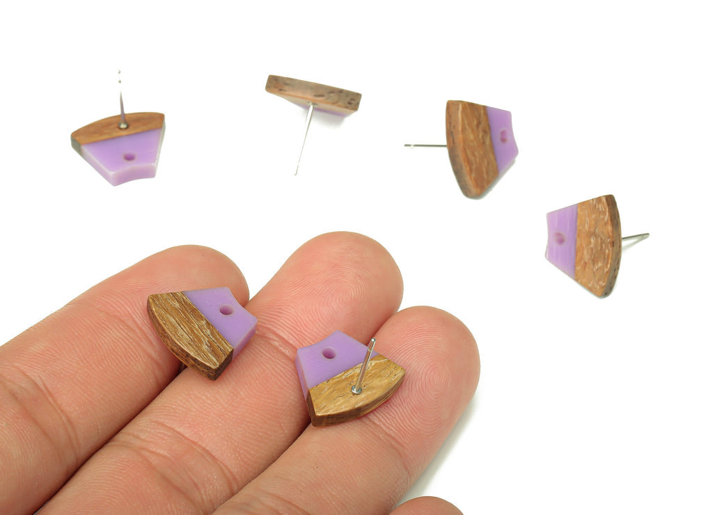 Natural Wooden Trapezoid Earring Stud - Walnut Wood Purple Resin Fan Earring Post - 316 Stainless Steel Stud - 15.32x12.32x3.26mm - BB1252L - DOMEDBAZAAR
